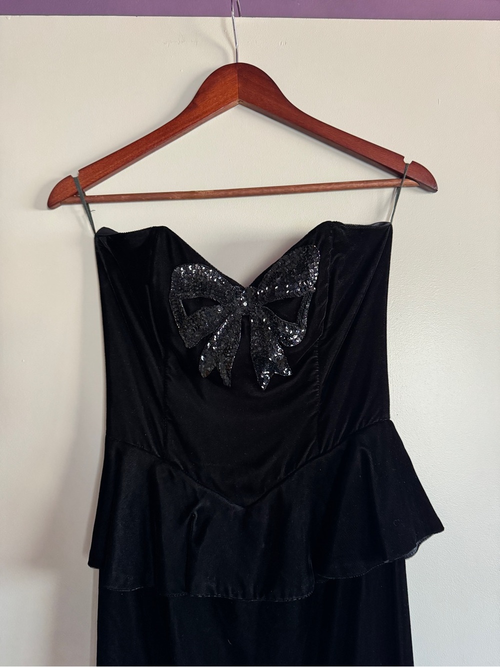 Vintage Black Strapless Velvet Dress with Sequin Bow- Gunne Sax